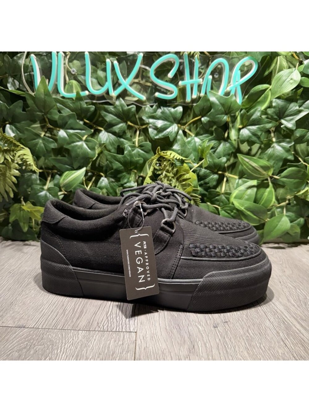 TUK Black Canvas Interlace Platform Creeper Vegan Sneaker Men Size 12